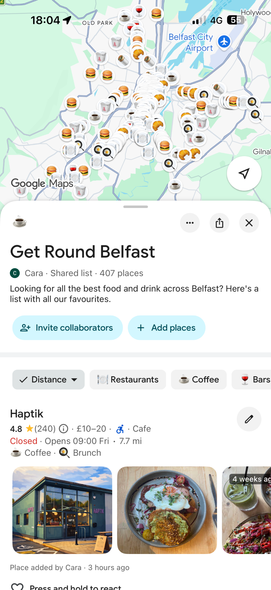 Get Round Belfast map showing saved food and drink spots and category filters